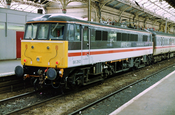 86260 in Intercity Swallow livery at Preston Railway Station.