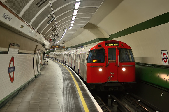 3546 arrives into Maida Vale (or Made of Ale) with a Bakerloo Line train to Queen's Park.