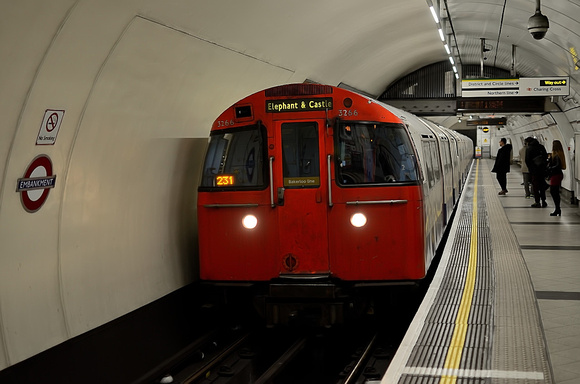 A small number of passengers wait to board this Bakerloo Line service, led by 3266, at Embankment.