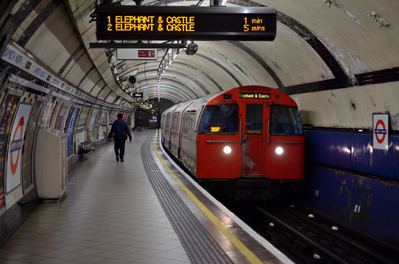 A quiet Lambeth North greets 3243 leading a Bakerloo Line service to Elephant & Castle.